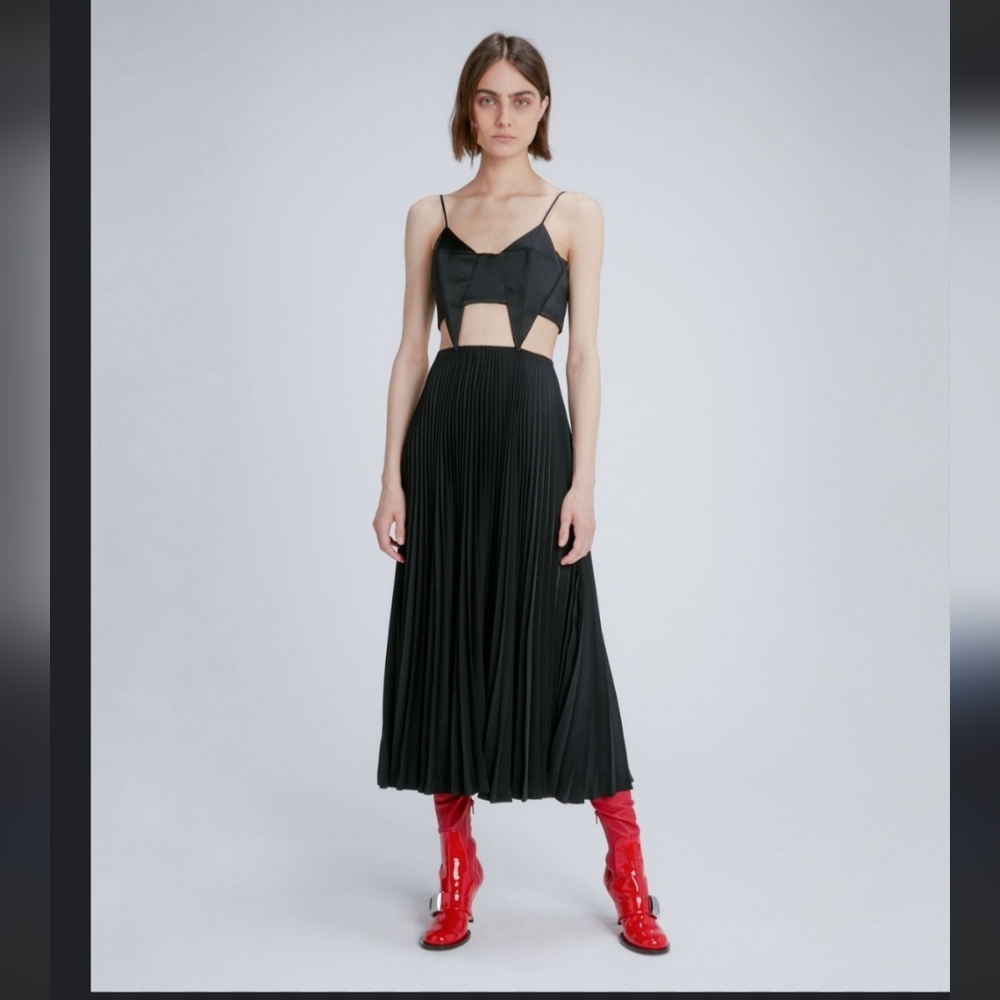Chrisropher Kane Pointed Bra Satin Pleated Maxi Long Black Dress Size 8 / 40